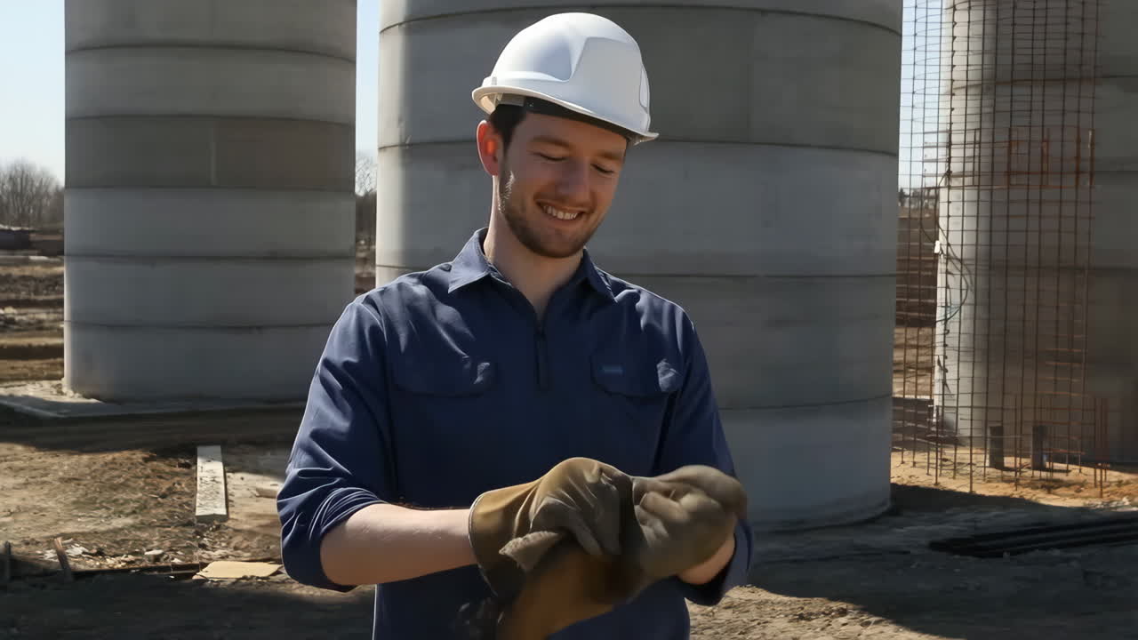 Construction worker checking his gloves on a construction site.