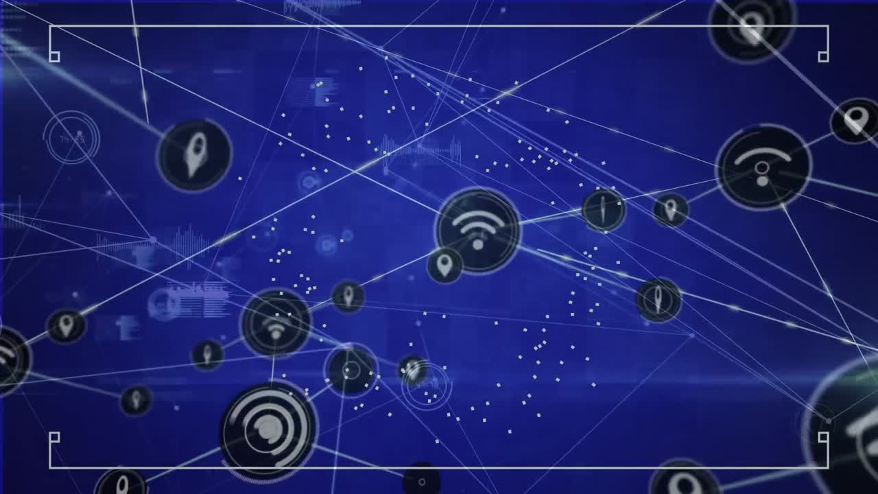 Animation of data processing and network of connections with icons