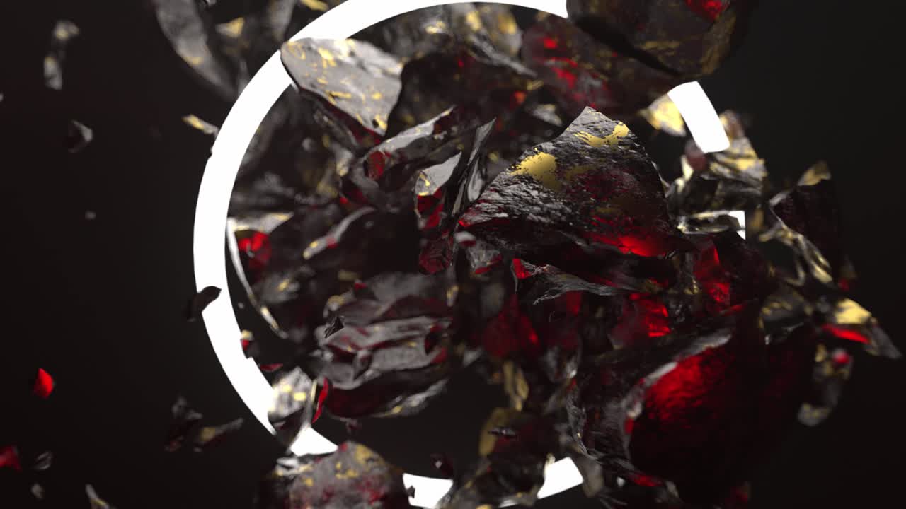 Glowing Abstract Orb Shattering into Red and Gold Fragments