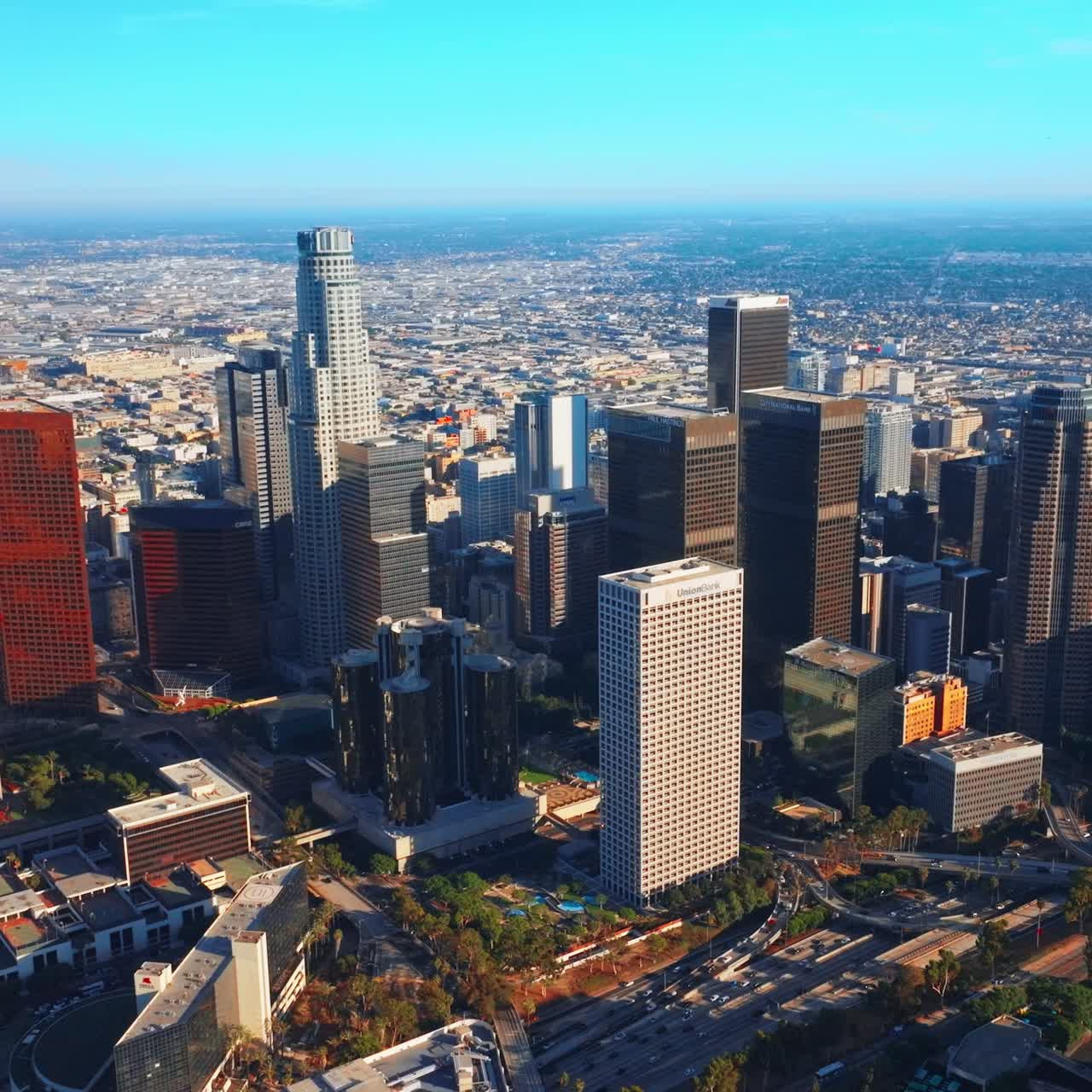 Los-Angeles city with skyscrapers. Aerial shot of modern american city