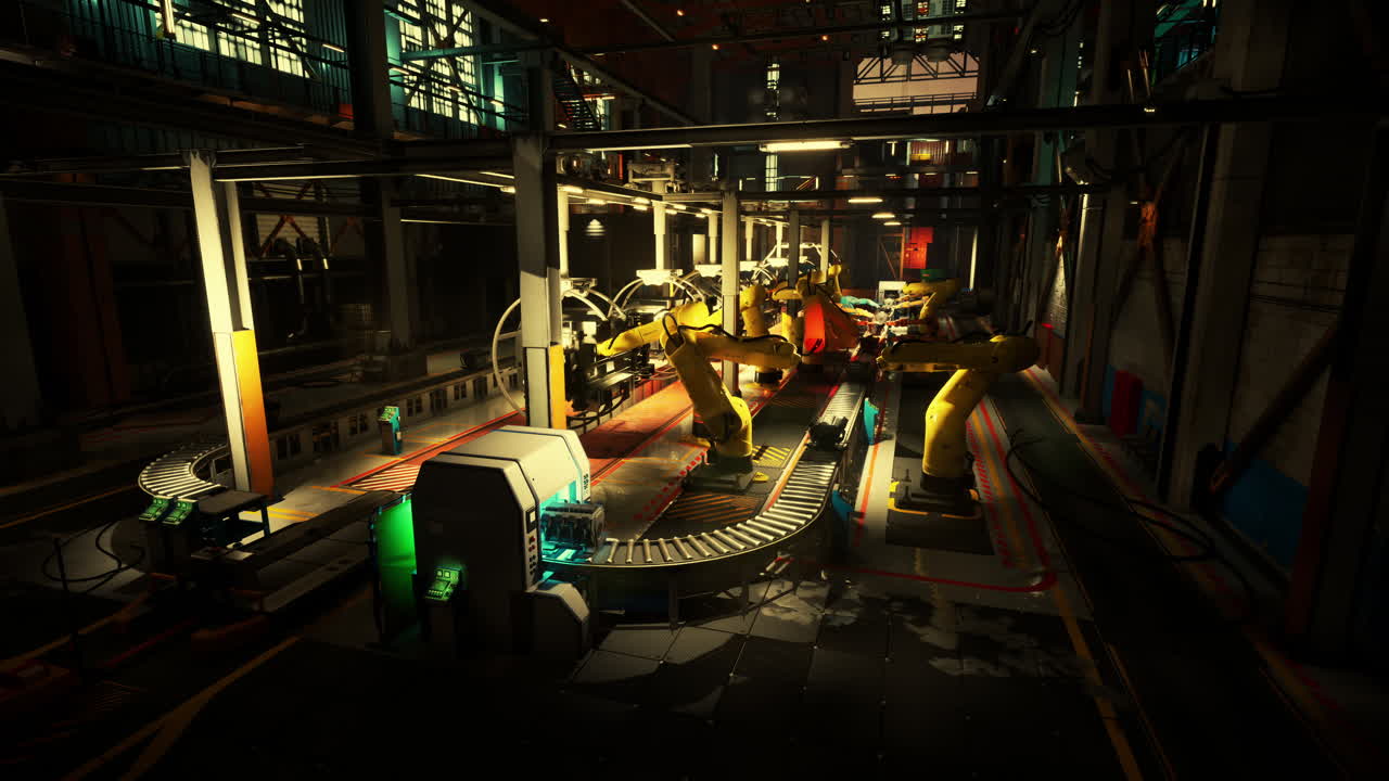 늦은 오후 에 작동 하는 산업 공장 에서 컨베이어 벨트