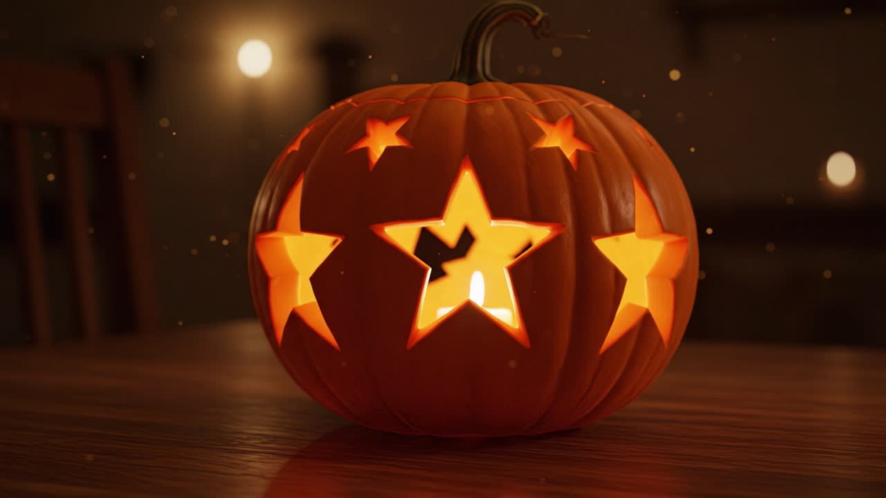 A beautifully carved Halloween pumpkin glowing warmly with intricate star-shaped cutouts, creating a festive atmosphere perfect for autumn celebrations and spooky décor