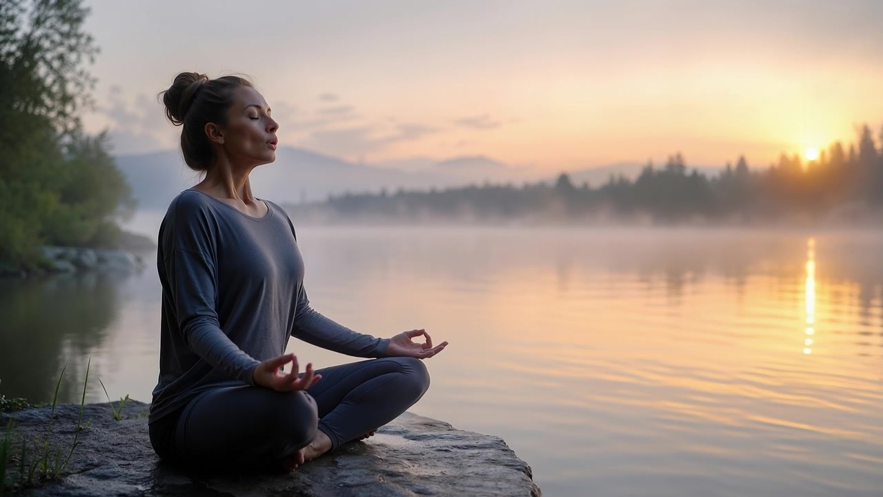 Mulher tranquila praticando yoga e meditação em uma rocha à beira de um lago calmo ao nascer do sol.