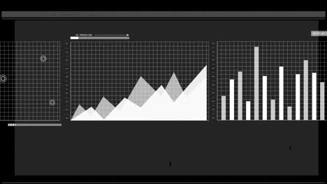 animation of white graphs and charts processing data on black background