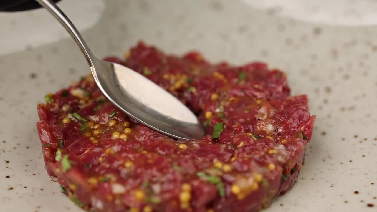 Close-up of Steak Tartare Being Prepared