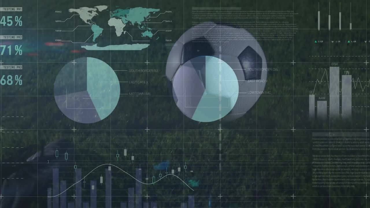 animación de gráficos y datos sobre la pelota y las piernas del jugador de fútbol afroamericano en el estadio