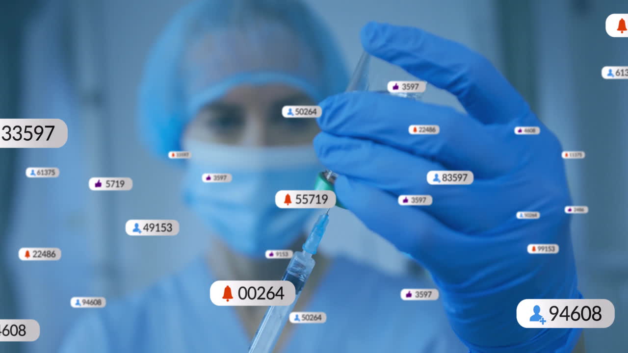 Healthcare professional drawing medicine into syringe in clinic, social media icons floating around