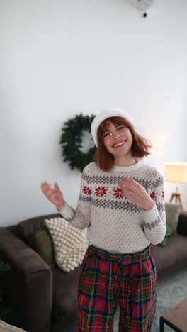 woman in christmas sweater and plaid pants