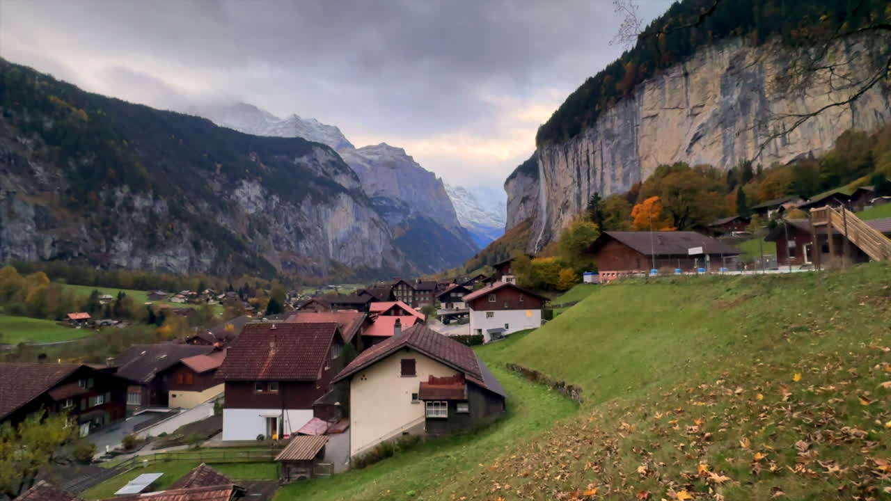 Staubbach waterfall Lauterbrunnen Switzerland Swiss alpine valley village Jungfrangu Grindelwalk Interlaken Bernese Alps sunset golden hour autumn October fall colors glacier gigantic rock face static