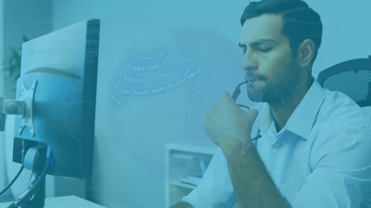 animación de procesamiento de datos sobre el globo giratorio contra un hombre biracial cansado trabajando en la oficina.