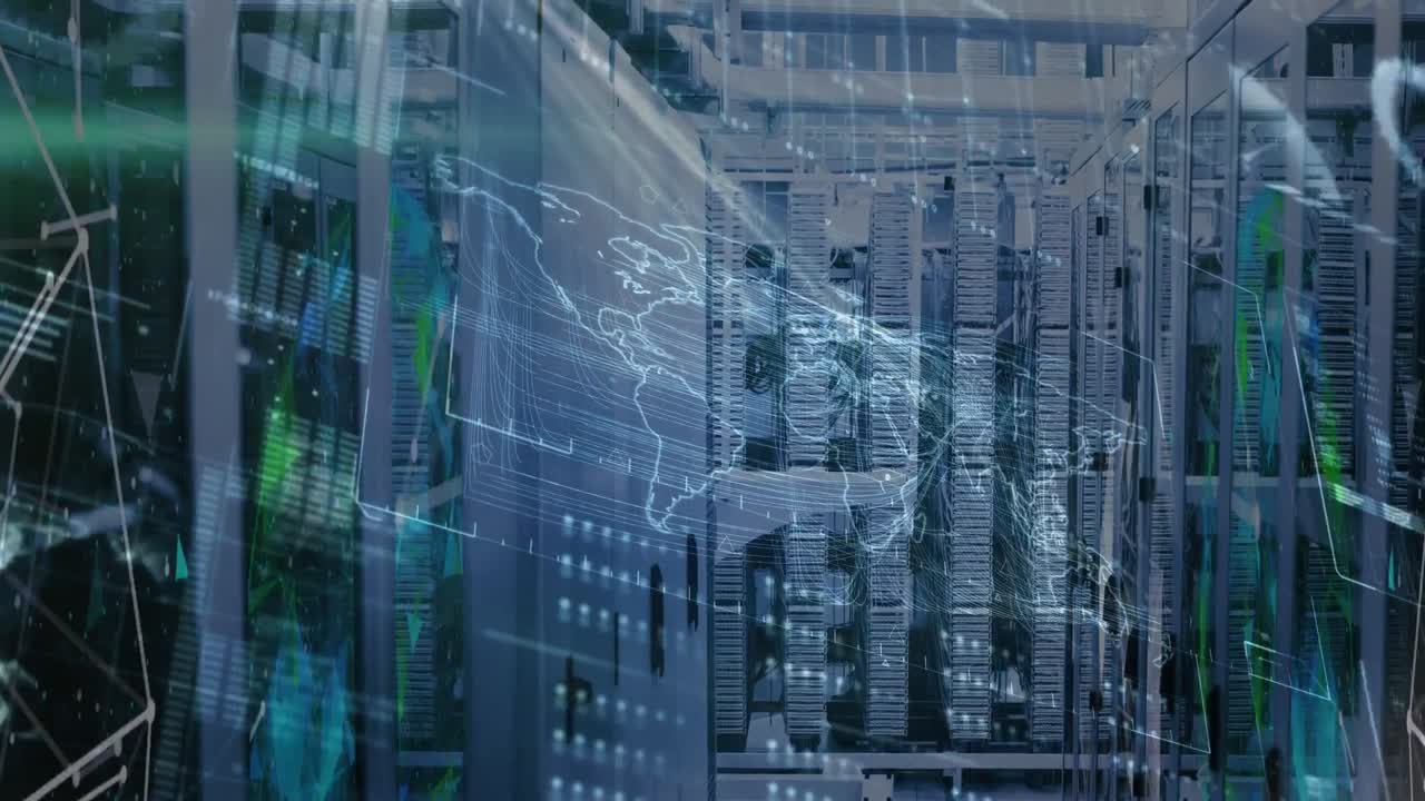 Animation of world map and data processing over server room