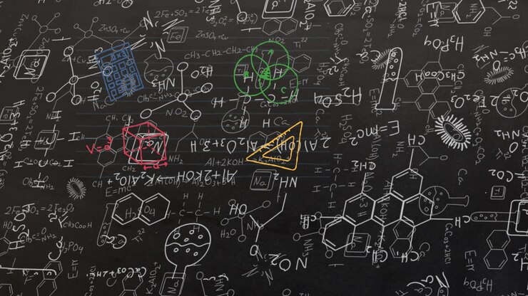 Animazione di icone di molecole e chimica con icone di materiale scolastico su sfondo nero