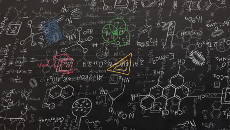 animación de moléculas e iconos de química con iconos de artículos escolares en fondo negro