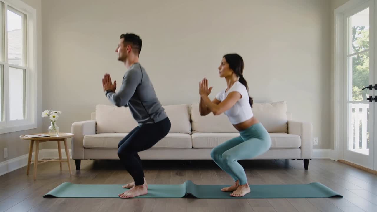 Uomo e donna eseguono squat stand in sincronia su tappetini da yoga inspirando, con linee animate che tracciano l'equilibrio, in un contesto di fitness.