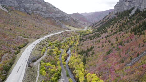 provo canyon road in utah with scenic fall autumnal leaves, aerial