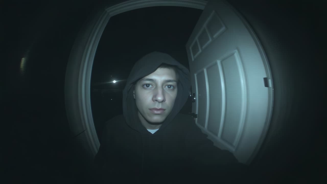 Pausing man in hoodie turning toward door, reaching handle, exiting porch with doorbell camera