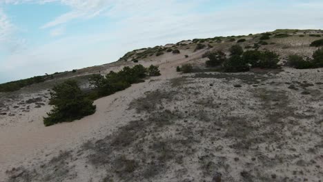 Fpv-drohnenaufnahme-Der-Erstaunlichen-Wüstenpfade,-Sanddünen,-Felsen-Und-Steilen-Abhänge-Mit-Kleinem-Buschigem-Laub-In-Den-Dünenhütten-In-Provencetown,-Cape-Cod,-Massachusetts