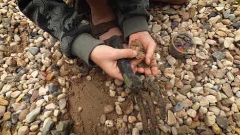 niño en busca de piedras y guijarros raros y coloridos