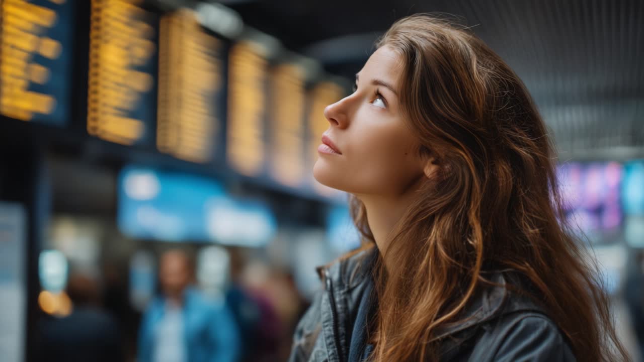 Una giovane donna contemplativa guarda in alto in un aeroporto affollato, circondata dal dinamico flusso di viaggiatori e da tabelloni delle partenze illuminati che mostrano gli orari dei voli