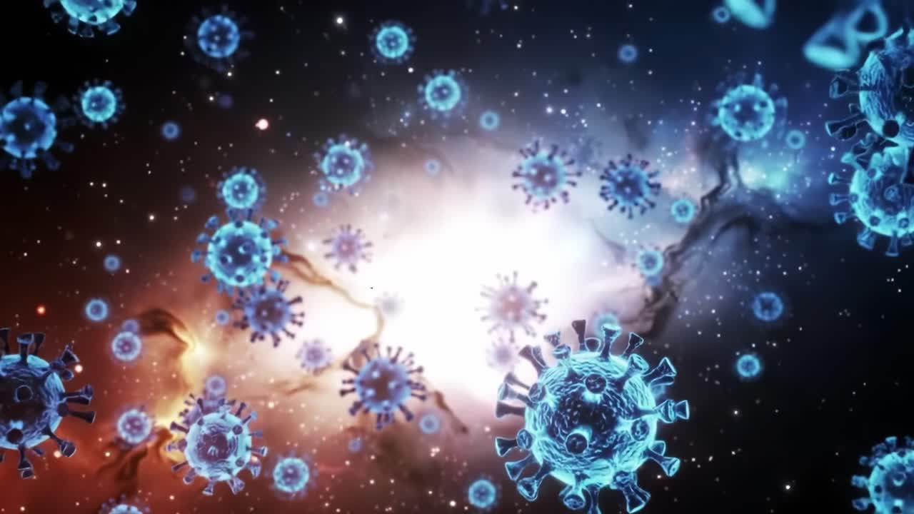 A Cosmic Display of Viral Structures Representing Pathogens in a Starlit Galaxy: Exploring the Intersection of Microbiology and Cosmic Phenomena