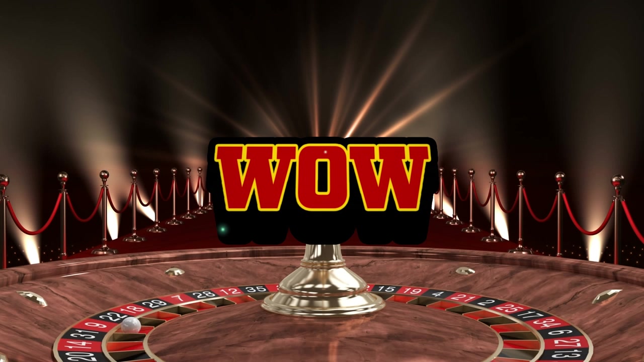 Animazione del testo "wow" sopra un tappeto rosso e una roulette