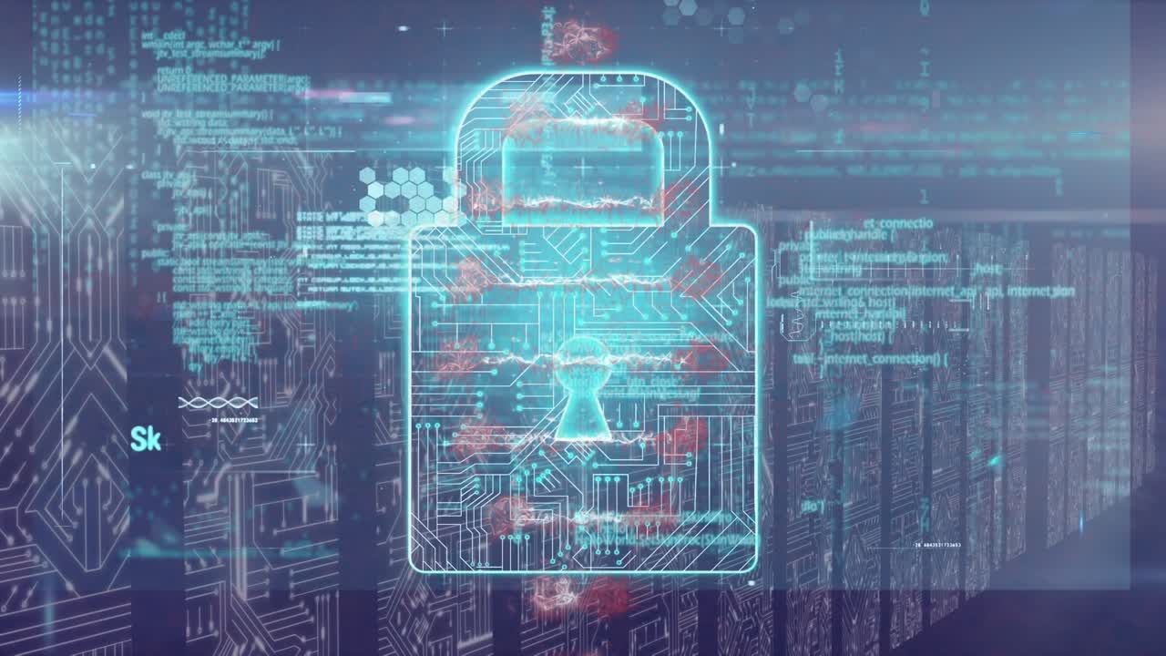 Abstract video of security icon and computer programming dna structure, woman in background
