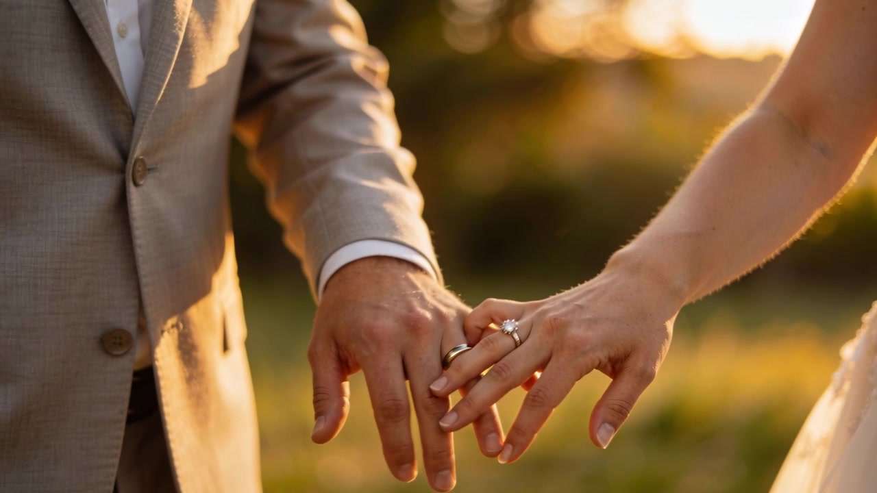 Drawing sunset light, bride and groom touching hands in grassy field, showing rings and lace dress
