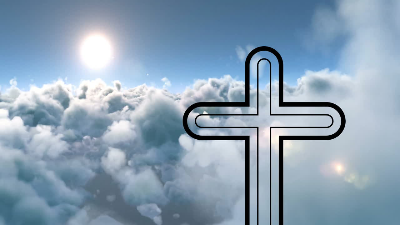 Sun shining over clouds with outlined cross symbol in foreground animation