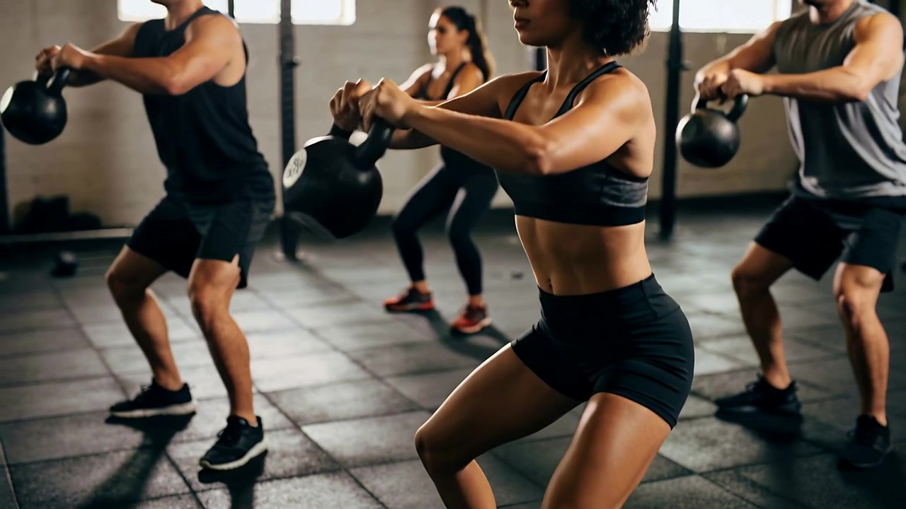 Coach cueing lead woman in gear guiding group doing down-hold-up goblet squats in gym, kettlebells
