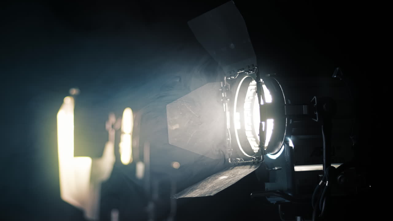 Professional lighting equipment on the movie set with smoke in the air