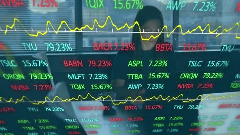 animación de datos del mercado de valores sobre una mujer de negocios caucásica que trabaja con una computadora portátil en su escritorio en la oficina