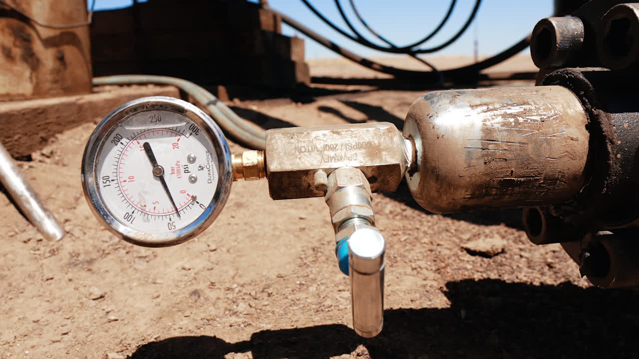 Part of the metal pipe with faucet and manometer. Close up. Equipment for drilling oil and gas.