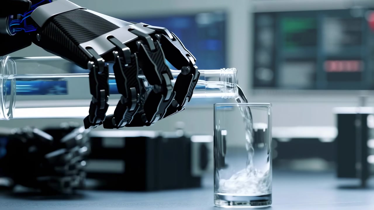 Close-up view of robotic prosthetic hand tilting clear bottle and pouring steady stream of liquid into glass on laboratory bench, showing clinical workspace, cool light, and precise mechanical