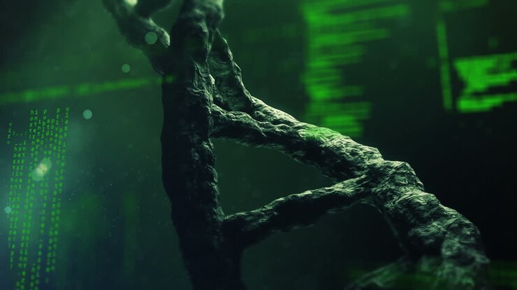 Animazione di elaborazione dati su un filamento di DNA 3D rotante.