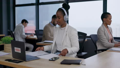 headphones, woman and dancing to music at office