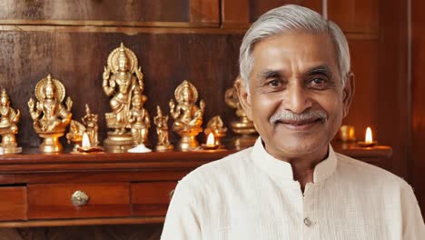 portrait of a relaxed senior indian man smiling, posing in front of a small wooden altar with golden hindu deities statues and several lit oil lamps, inside a house