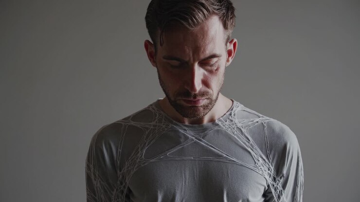 Pensive Caucasian man with short brown hair and beard, wearing gray shirt, standing with bowed head and closed eyes against neutral background, embodying deep introspection