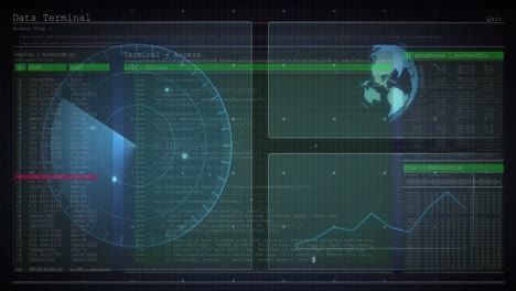 Animation-Von-HUD-Schnittstellenbildschirmen-Mit-Grafik,-Radar,-Globus-Und-Programmiersprachen