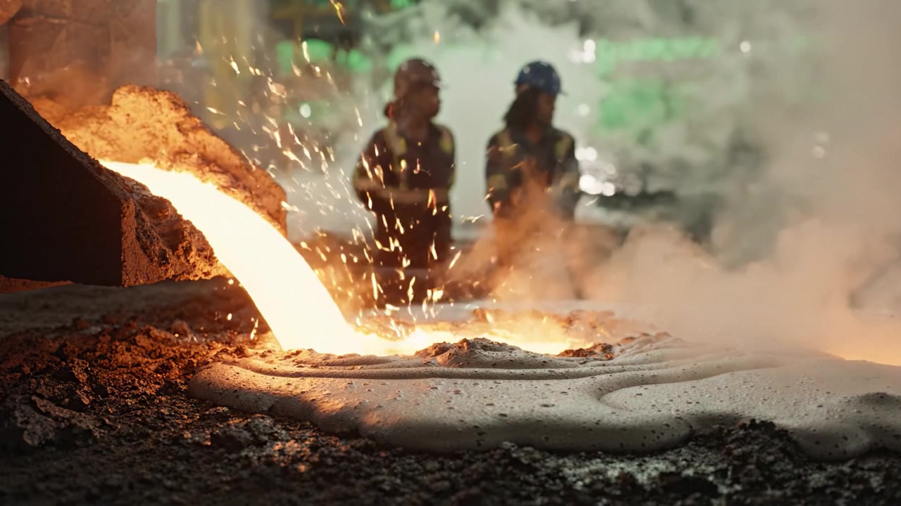 Molten Metal Flowing from Furnace with Workers Observing During High-Temperature Metallurgical Process in Industrial Setting Filled with Steam and Smoke