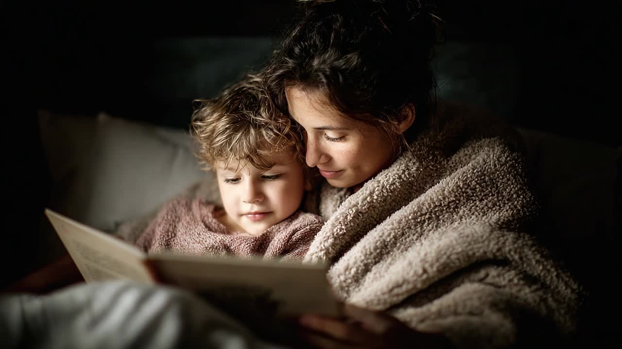 Mamma e bambino condividono un intimo momento di lettura a casa.