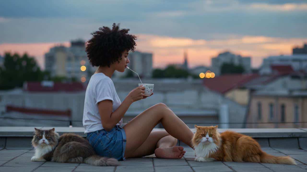 A Peaceful Evening: A Young Woman Enjoying a Cozy Moment with Her Cats While Sipping a Warm Drink Against a Beautiful Sunset Backdrop