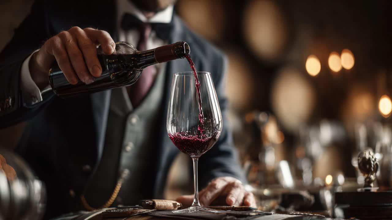 Een elegante schenking: een verfijnde heer schenkt op vakkundige wijze rode wijn in een glas in een stijlvolle bar, waarbij vakmanschap en ontspanning worden benadrukt