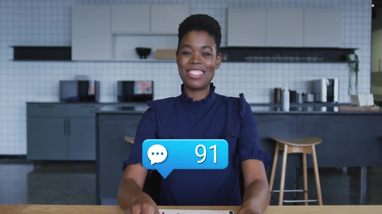 Presenter lifting hands, causing blue chat-bubble counter rising to 95 while clapping for marketing