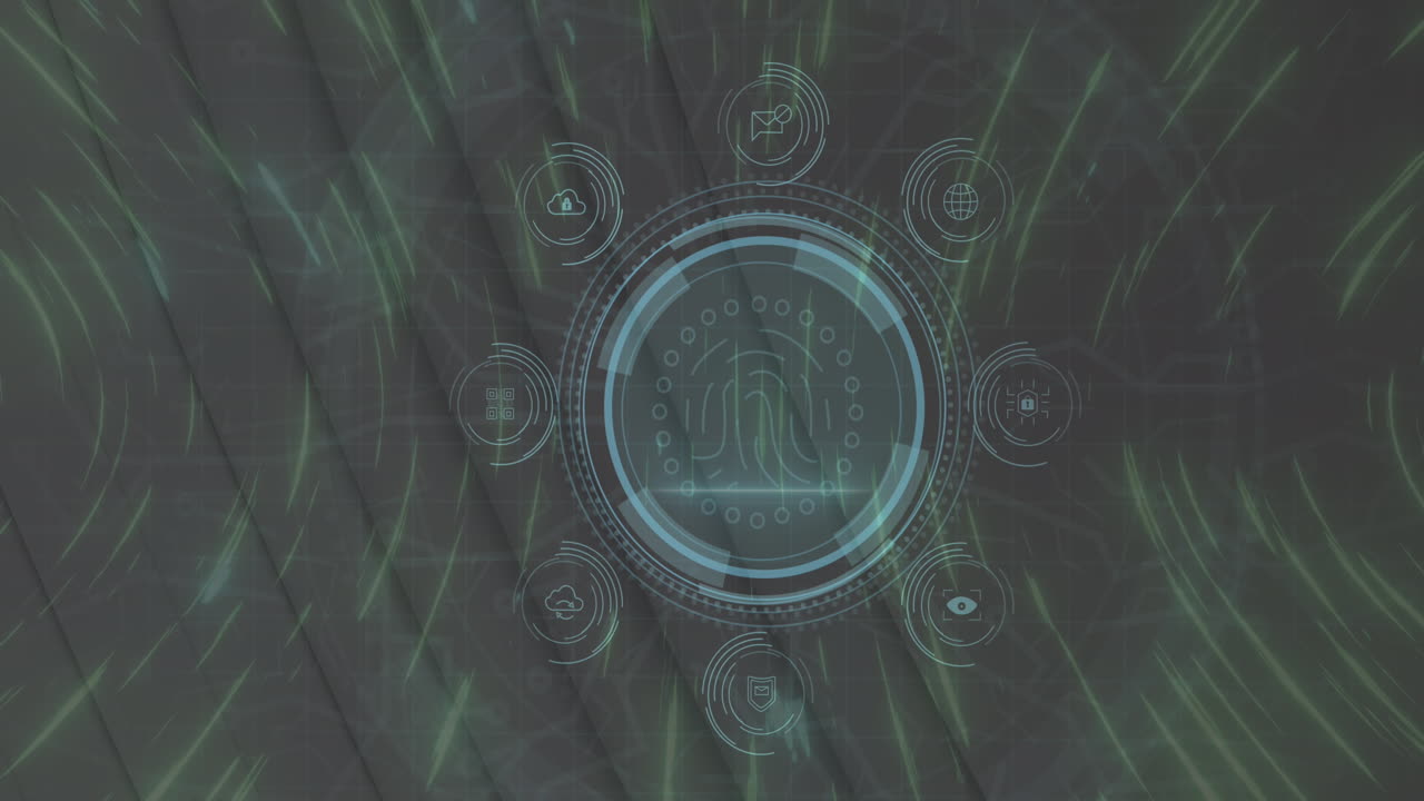 Animation of fingerprint, icon in circles, data protection text, high angle view of staircase