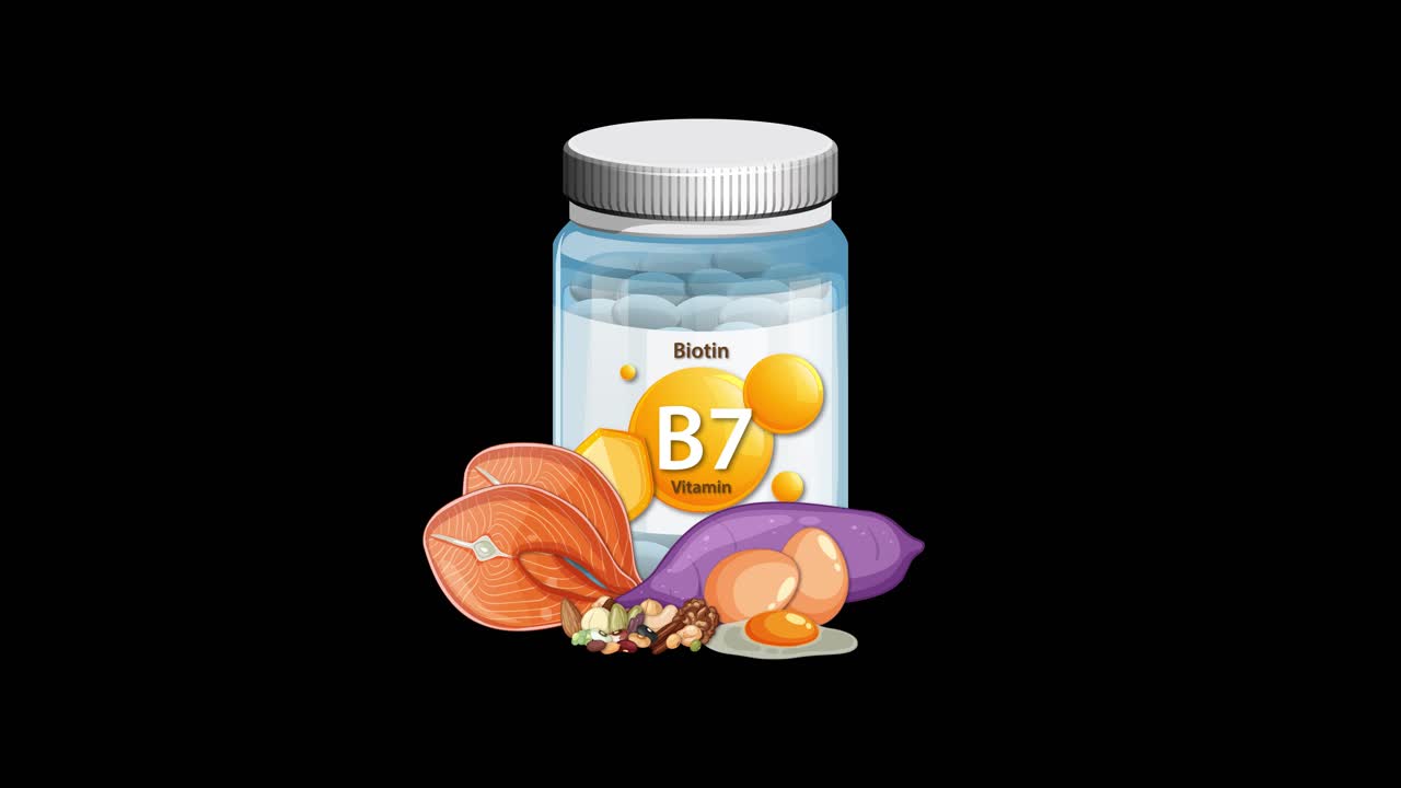 Vitamin B7 supplement bottle transitions to include biotin-rich foods, smooth animation, black background