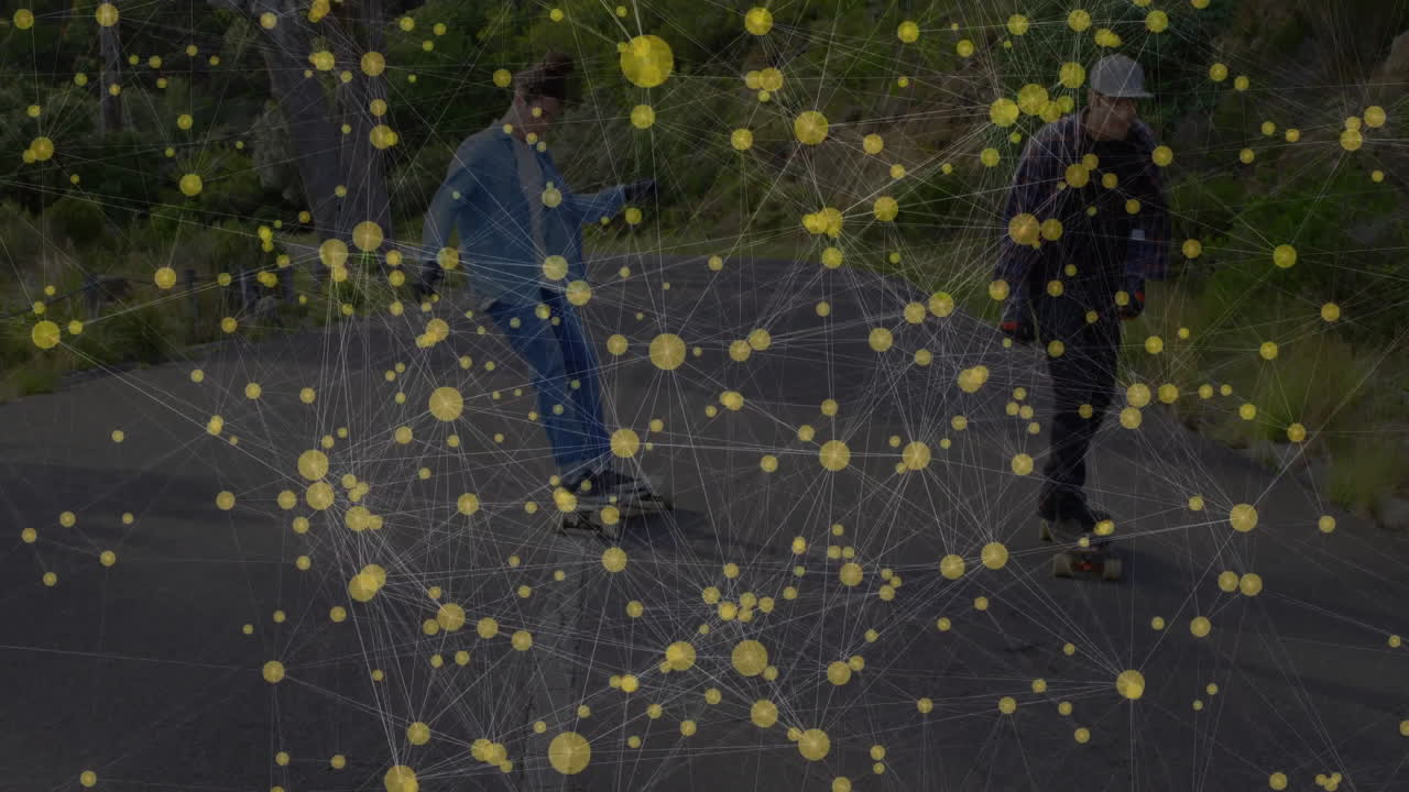 Two men skateboarding rural road, showing technology network with yellow nodes and white lines