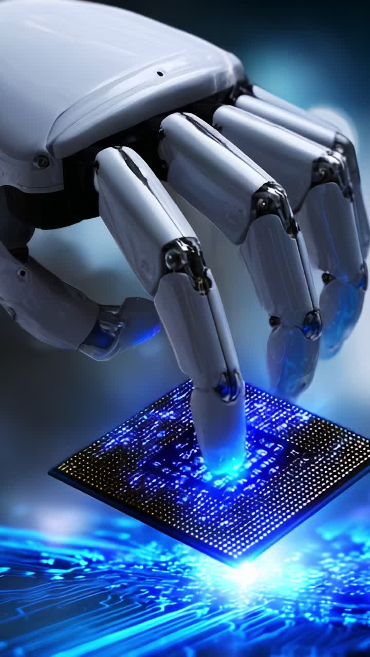 Futuristic Robotic Hand Interacting with a Microchip, Showcasing Advanced Technology and Cybernetic Innovation in a Dynamic Light Display