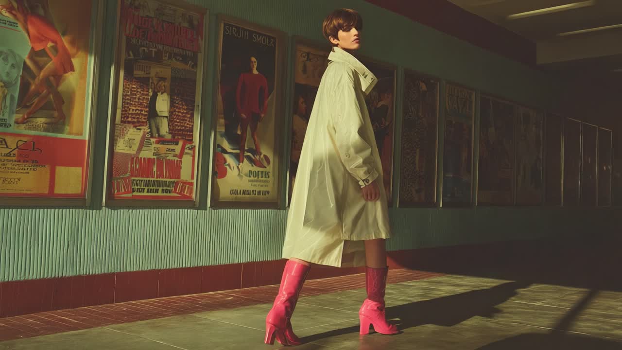 A stylish figure dressed in a long white coat and vibrant pink boots strikes a fashionable pose against a backdrop of colorful vintage posters, creating a striking contrast in both style and color in this visually captivating scene