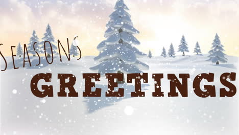 animation of seasons greetings text and snow falling over winter scenery