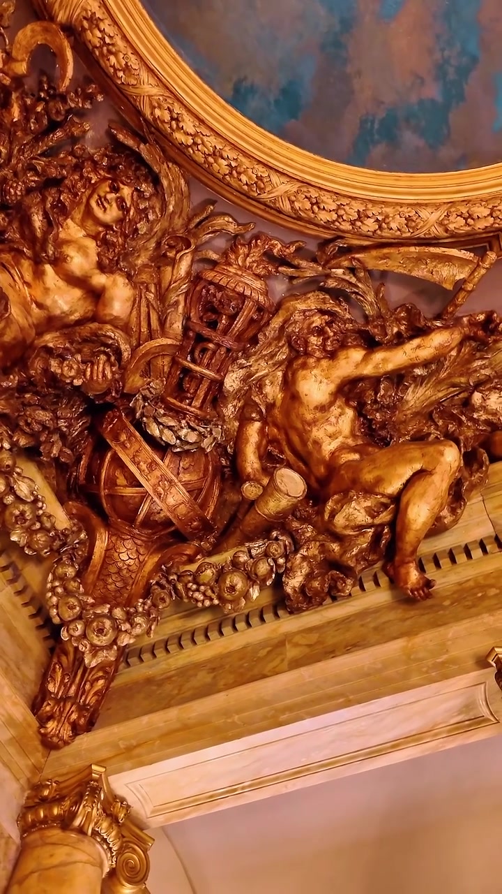 Boston, USA, 5 maggio 2025: Dettaglio di soffitto dorato e ornato con figure scultoree e murale classico. Decorazioni architettoniche in foglia d'oro e murale artistico sul soffitto di una villa di lusso